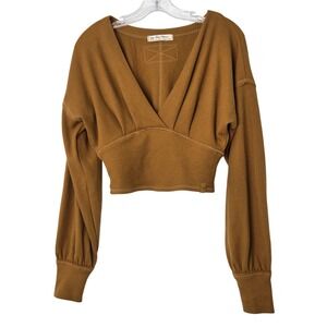 Free People XS All Nighter Waffle Knit Cropped V Neck Long Sleeve Top Womens